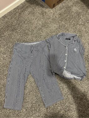 LAUREN Ralph Lauren Womens Pajama Set LG NavyBlue White Striped Capri Cotton